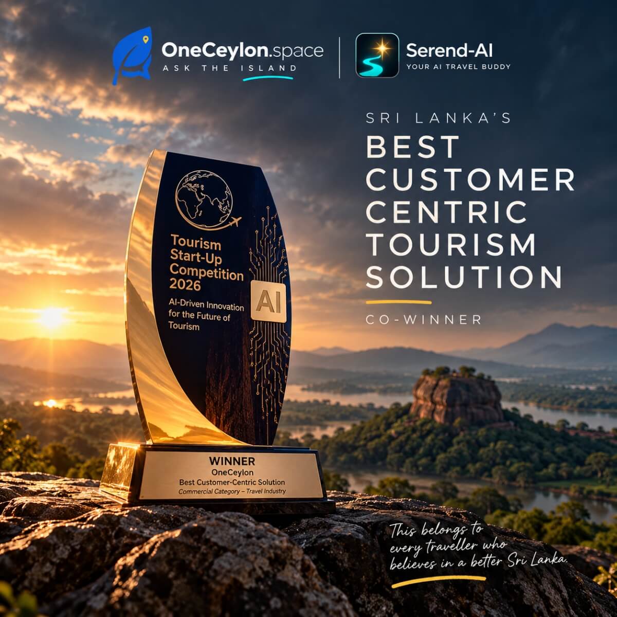 The Tourism Start-Up Competition 2026 trophy awarded to OneCeylon for Best Customer-Centric Solution, Commercial Category – Travel Industry, photographed on a rock overlooking Sigiriya at sunset.